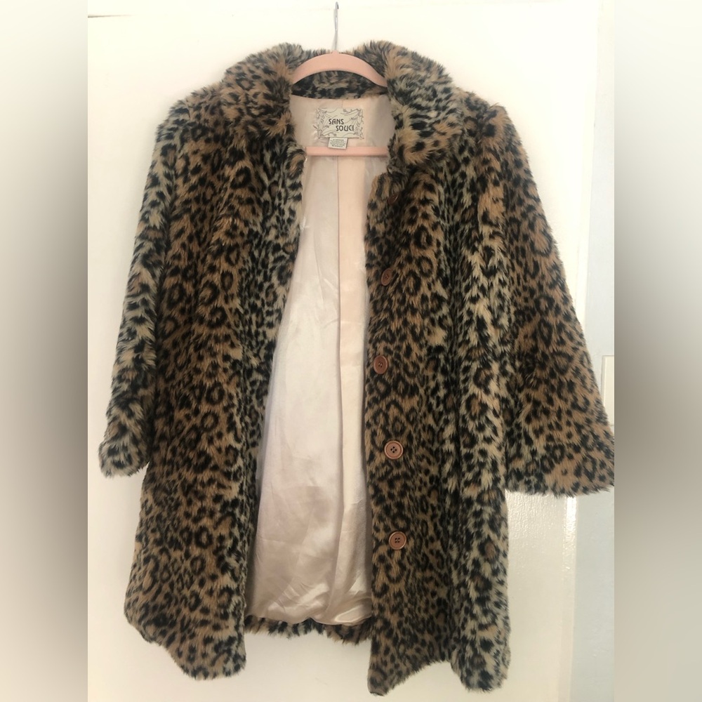 3/4 sleeve leopard faux fur coat